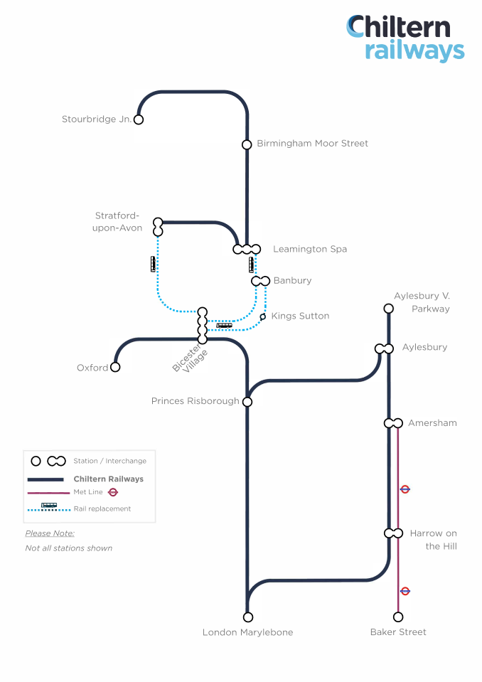 Chiltern Railways engineering route map from Saturday 27 - Wednesday 31 July 2024