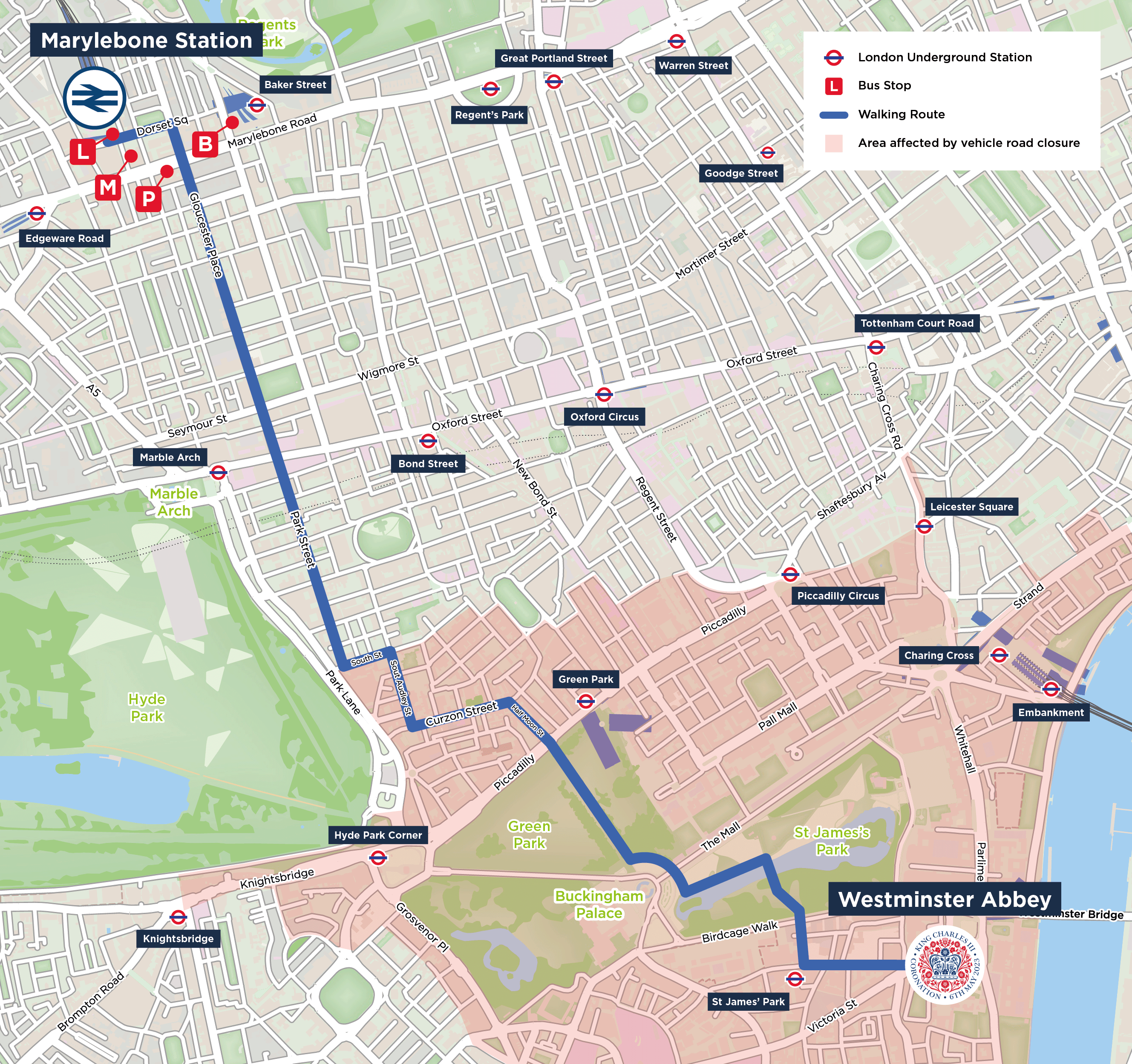 Image of a map showing journey options from Marylebone to Westminster